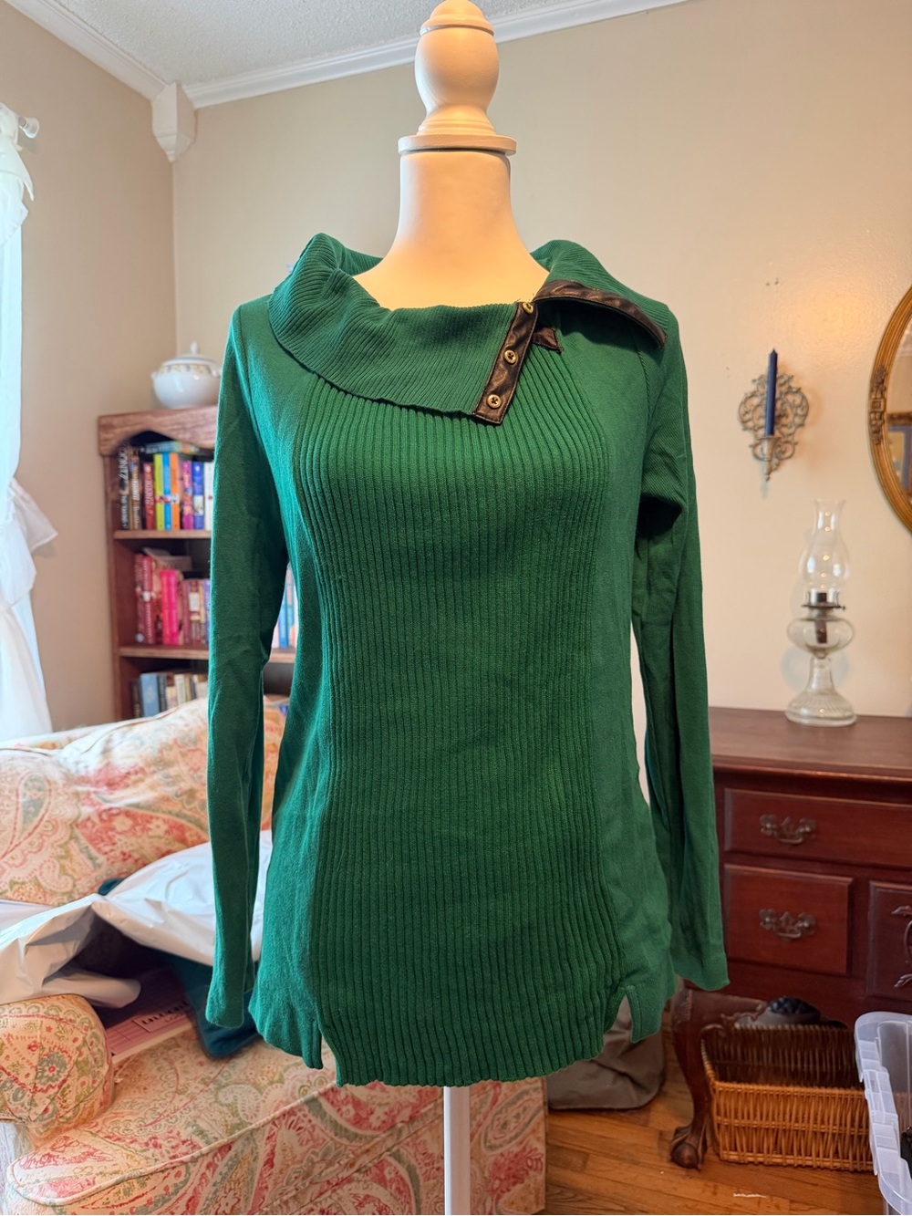 Rafaella Women's Green Ribbed Knit Sweater with Asymmetric Button Collar